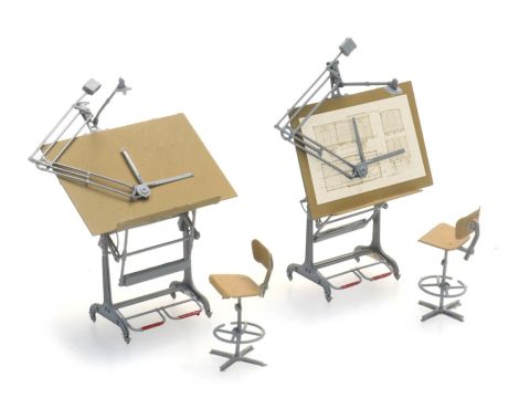Artitec Reißbretten und Stühle (2x) -  Fertigmodell aus Resin, lackiert - H0 / 1:87 (AR387.474)