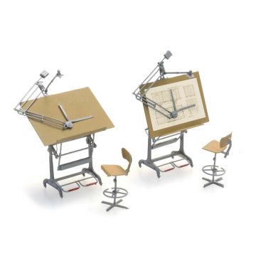 Artitec Reißbretten und Stühle (2x) -  Fertigmodell aus Resin, lackiert - H0 / 1:87 (AR387.474)